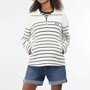 BARBOUR Women’s Cranmoor Overlayer Sweatshirt 1/4 Zip White/Black Stripes Sz 12